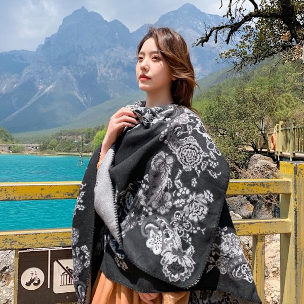 Blommig halsduk Varm Sjal Wrap Lady Filt Poncho Etnisk stil