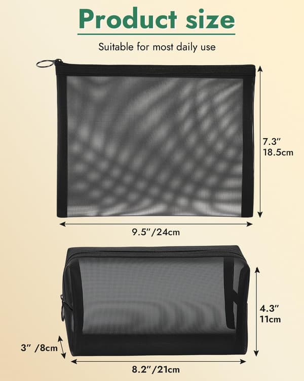 4-pak nylon mesh makeuptasker, sorte kosmetik-rejsepunge med lynlås