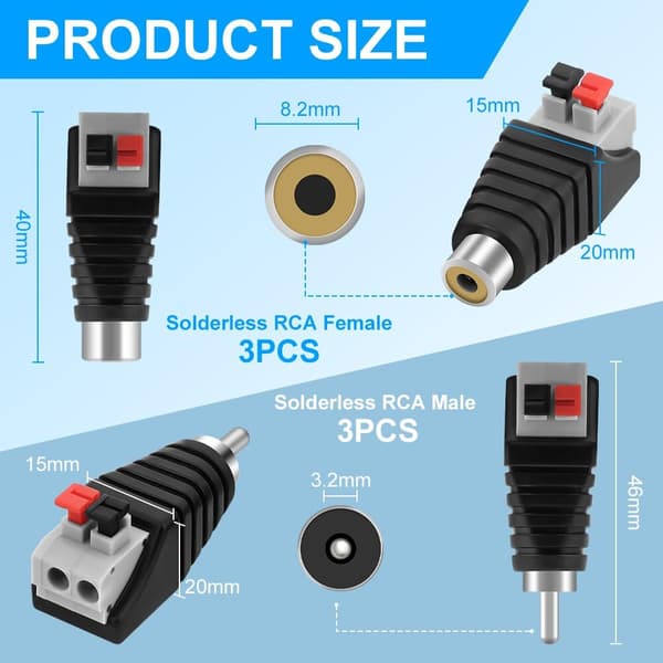 6-pack RCA-högtalarkabeladapter, set med hane och hona AV-terminalkontakter