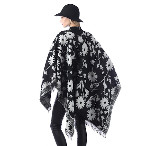 Fringed Hem Sjal Etnisk Stil Poncho Vinterkofta för Dam