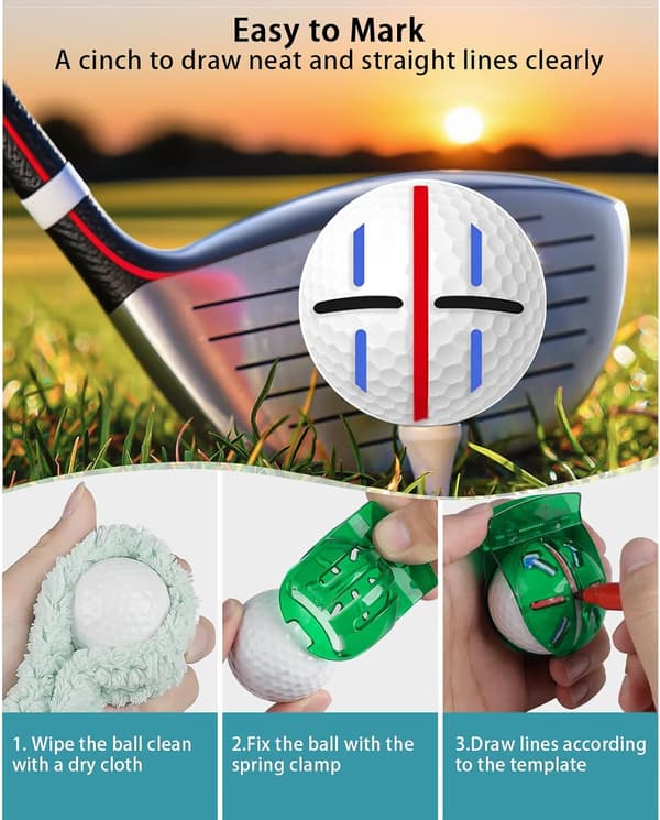 Golfbold-markeringssæt, 5 skabeloner, 4 penne, pitchfork og 20 tees