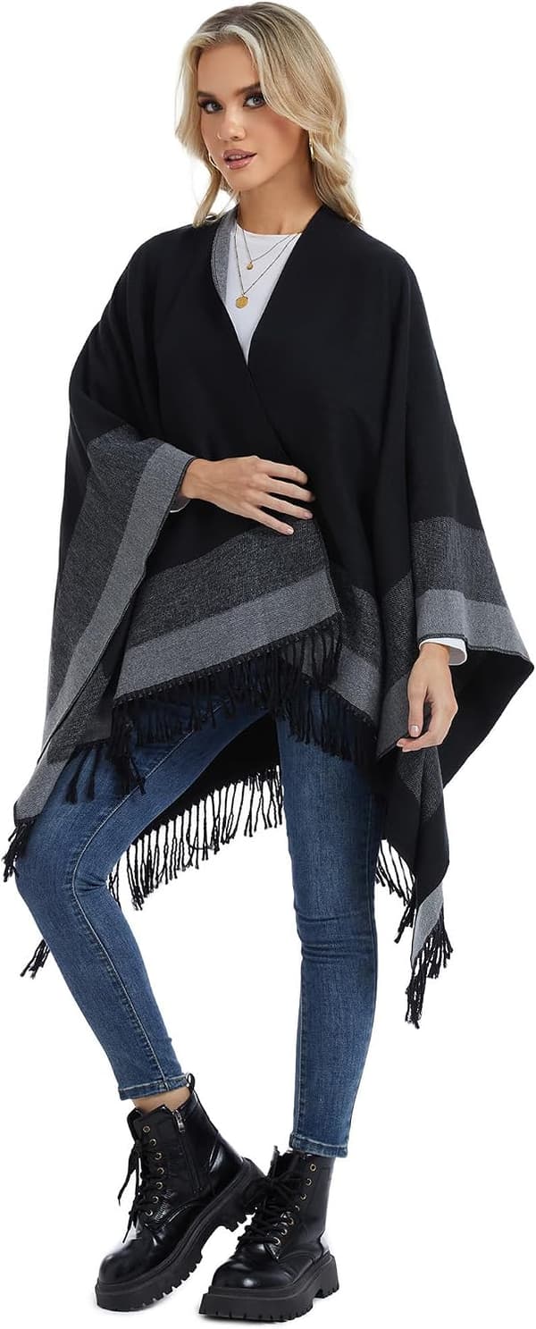 Poncho-cape med öppen front för dam, oversized sjal, randig kofta med fransar