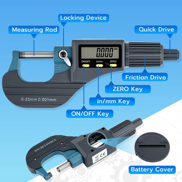 0-25 mm digitalt mikrometer 0,001 mm LCD tomme/metrisk præcisionsmåleværktøj