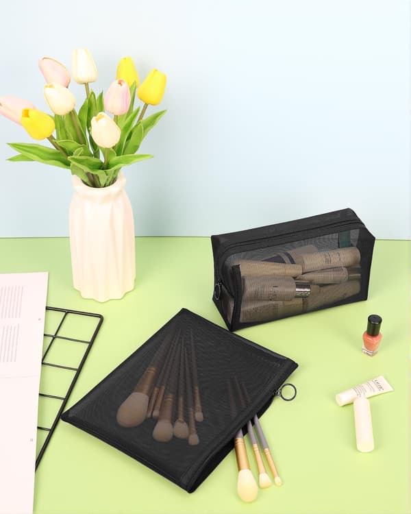 4-pak nylon mesh makeuptasker, sorte kosmetik-rejsepunge med lynlås