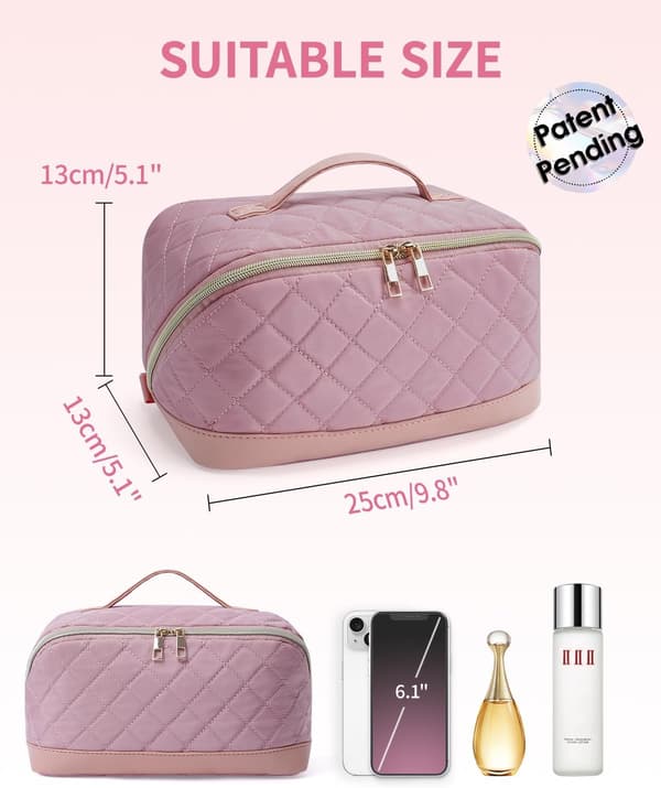 Quiltet rejse-makeuptaske, stor kosmetik-organizer med børstelommer