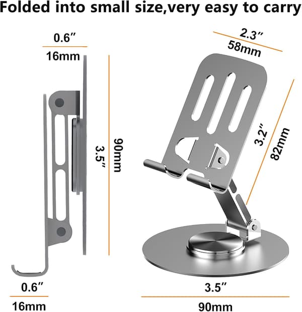 360° roterbart og sammenklappeligt telefon- og tabletstativ, justerbar bordholder i metal