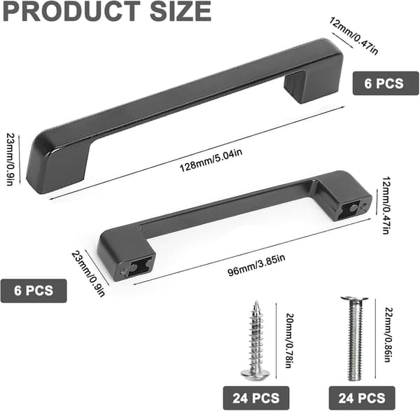 12-pak sorte skabsgreb, 96 mm & 128 mm skuffegreb i rustfrit stål
