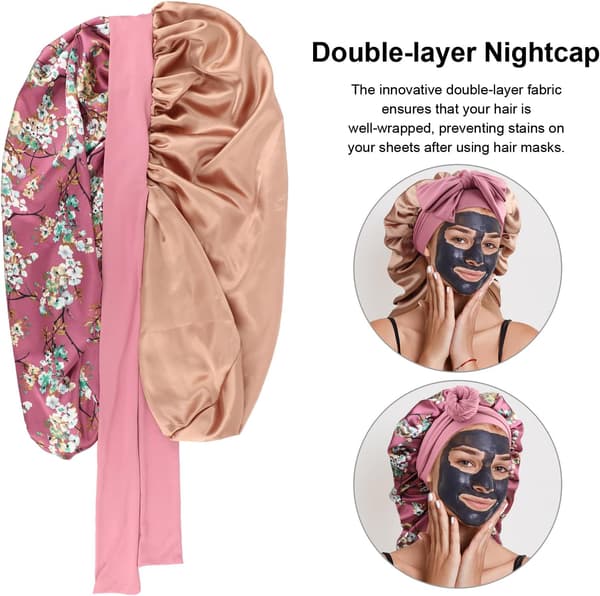 Lång flätmössa i satin för sömn, justerbart knytband med scrunchie