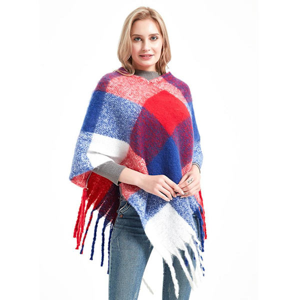Höst Vinter Pläd Pullover Cape med Tassel Thicken Poncho for Lady