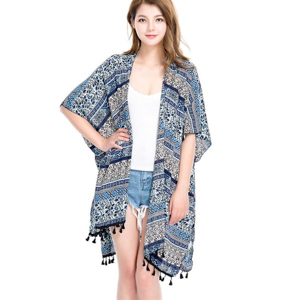 Spring Summer Poncho Kaftan Sjal med Tofs Öppen Front Cardigant för Dam