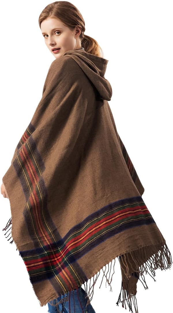 Stickad poncho-sjal för dam, öppen cape med fransar, oversized kofta
