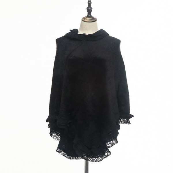 Ruffles Sängkläder Cape Solid Black Poncho Sweater Coat for Lady