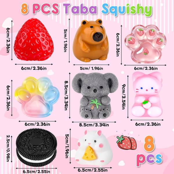 8 stk. Taba Squishy Fidget-leker, søtt sett med stressleker formet som dyr og mat