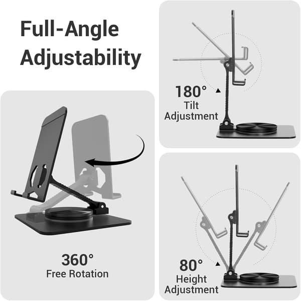Justerbart telefonstativ med stabil base, 360° roterbar holder for nettbrett