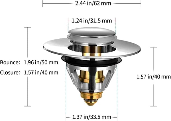 34-38mm Universel vaskeprop i messing, pop-up afløbsprop med filterkurv