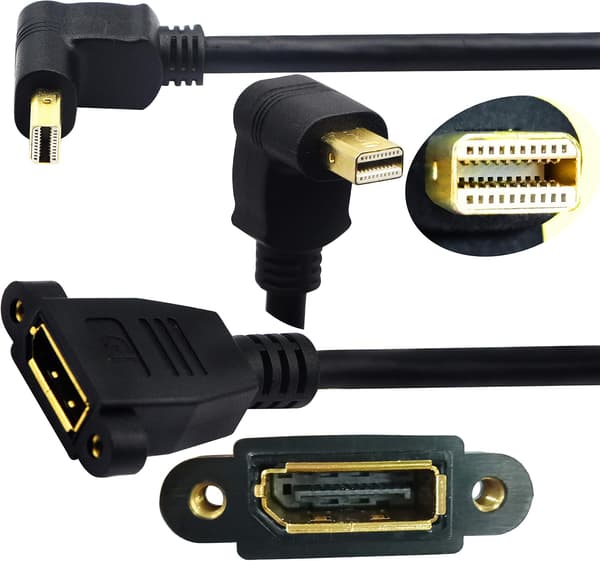 Mini DP till DisplayPort-kabel för panelmontering, 90-graders hane till hona, 32 cm