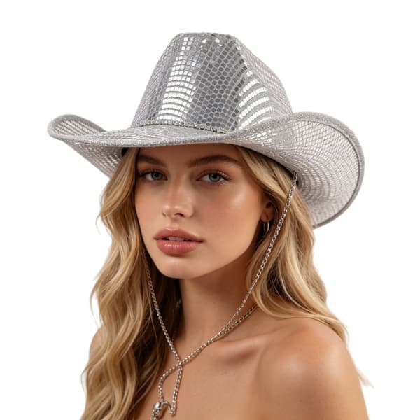 Sølv Metallic Cowboyhat til Kvinder Bred Skygge Disco Party Hat