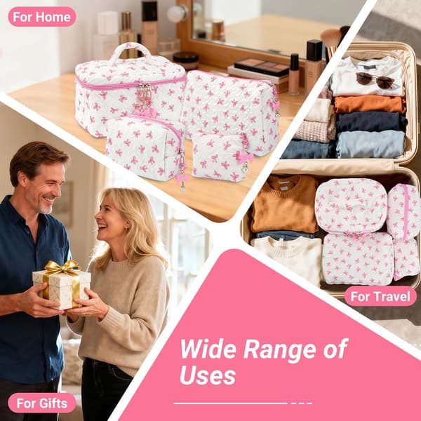 4-pack quiltade sminkväskor, set med kosmetikaväskor med rosettmönster för kvinnor på resa