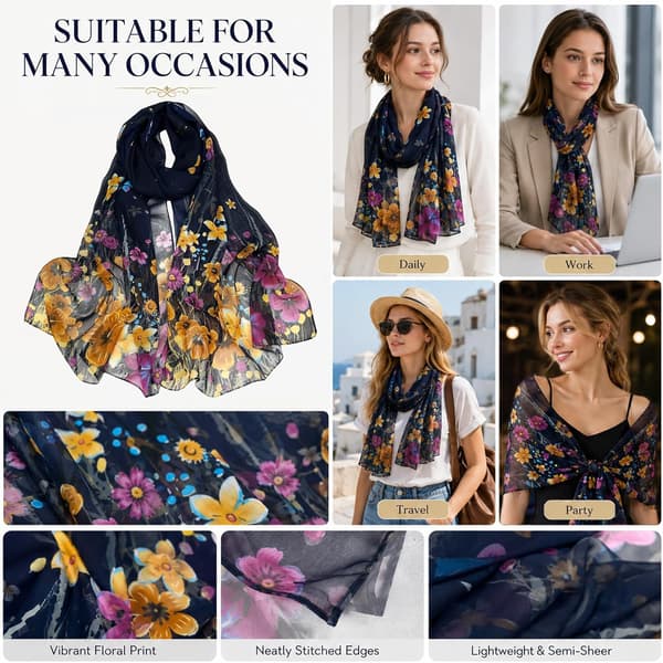 Blomstrete georgette-chiffonskjerf for kvinner, lett sjal for kvelden