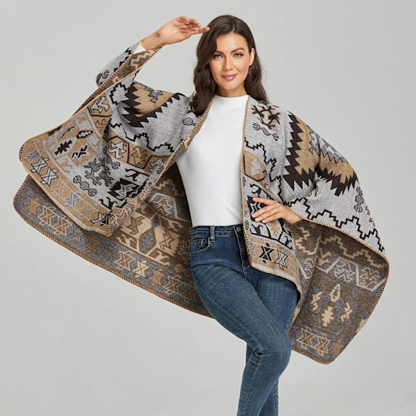 Varm vintersjal omlott öppen front Poncho Cashmere Feel Cape med geometriskt mönster för kvinnor