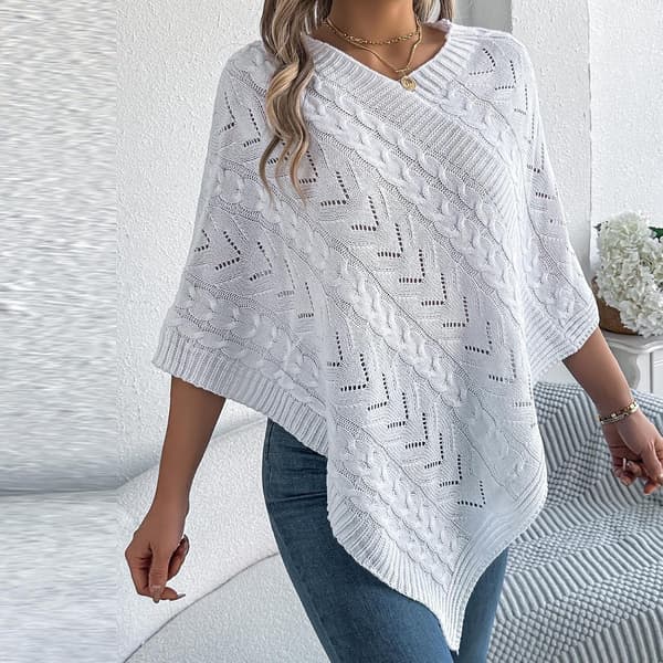 Kabelstickad ponchotröja för kvinnor med V-ringning, lätt sjal, cape och pullover