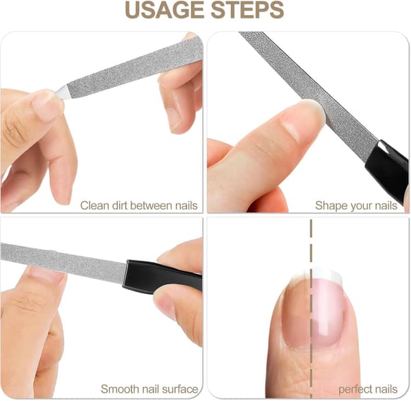 6 stk. neglefile i rustfrit stål med håndtag til manicure og pedicure