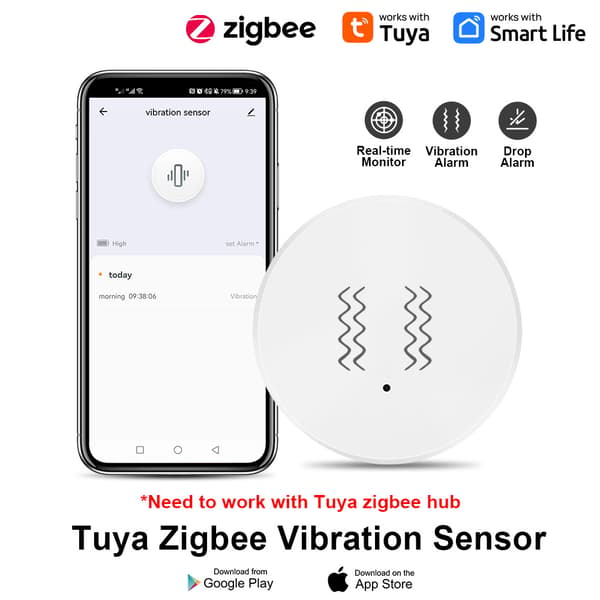 Tuya Zigbee Vibrasjons- og bevegelsessensor for smarthusautomatisering, hvit