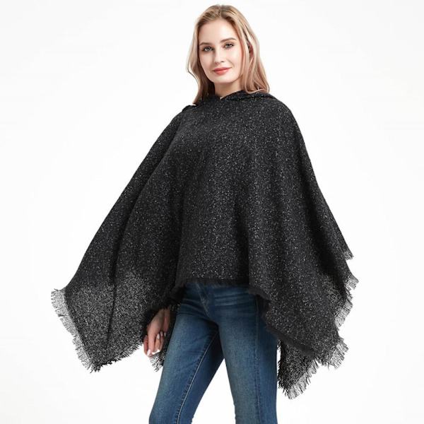 Höstvinter Svart Pullover Hoodie Cape med tofs Lös Poncho för Lady