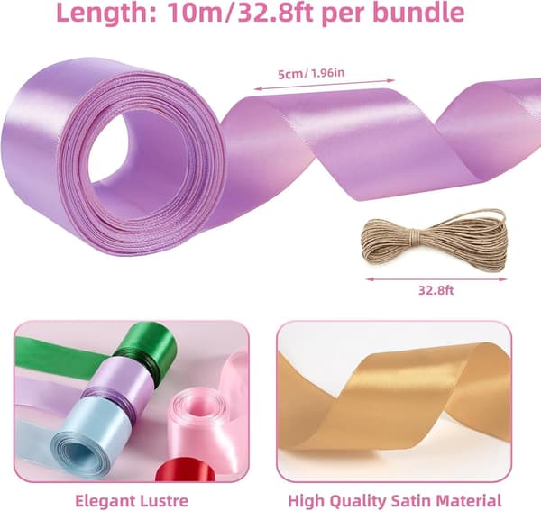 Set med 6 rullar 50 mm satinband för presentinslagning, bröllop och pyssel