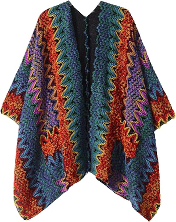 Boho-stickad ponchocape för kvinnor, etnisk virkad sjal, vinterkofta