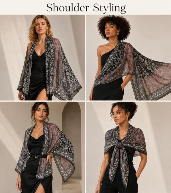 Oversized paisley-skjerf for kvinner, lett langt sjal, svart blomstermønster