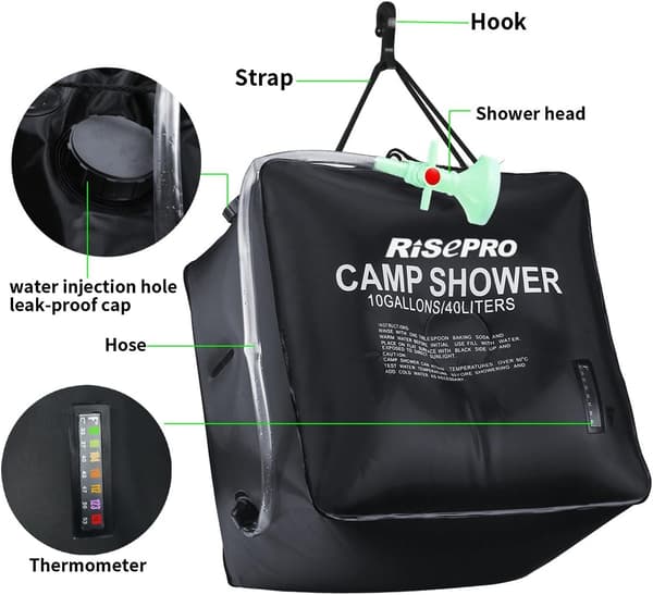 40L Soluppvärmd duschväska, 10-gallons campingdusch med temperaturindikator