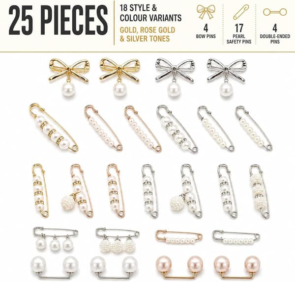 25 st säkerhetsnålar, silver, guld, vit, metall, för sömnad, pyssel och DIY-set