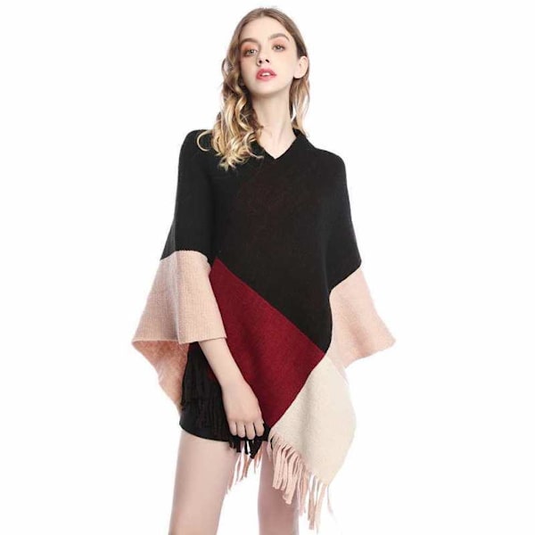 Höst Vinter Pullover Cape fransad fåll Pashmina Poncho Color Block Batwing Blus for Lady