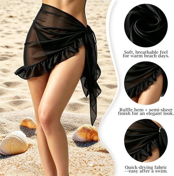 Chiffon strand-sarong med rysjekant for kvinner, bikini-cover-up