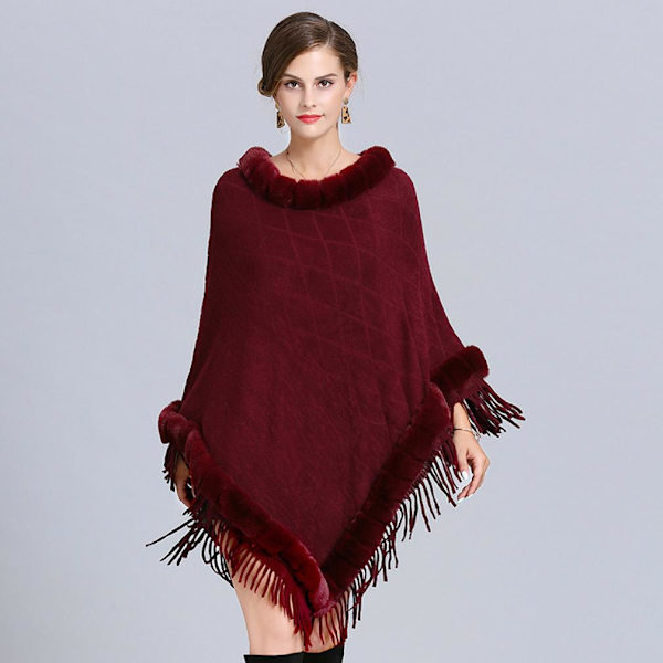 Burgundy Warm Wraps sjalar med fuskpäls trimning Pullover Cape med tofs för dam