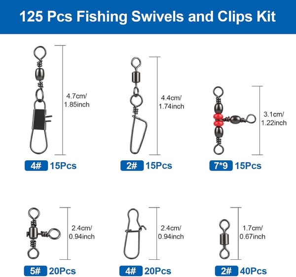 125 stk. fiskesvirvel- og snap-sæt, terminalgrej-assortiment i boks