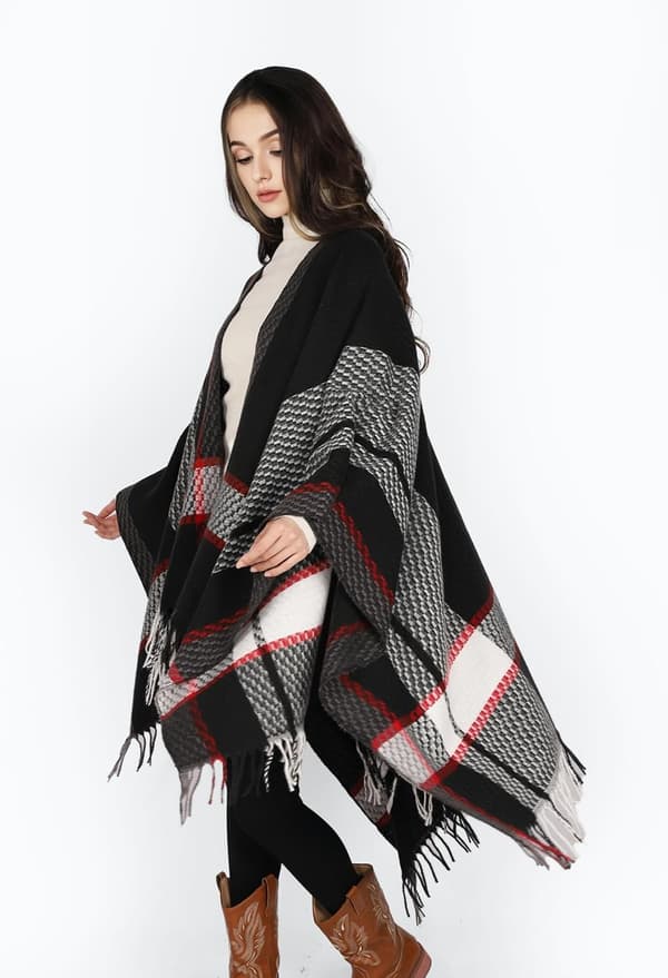Poncho-cape med öppen front för dam, rutig sjal, oversized kofta med fransar