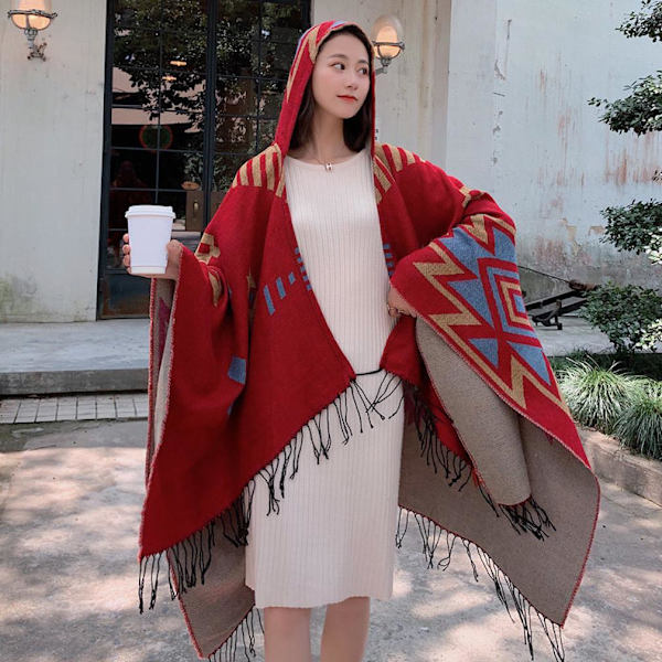 Geometrisk tjock sjal för damer Lady Poncho Pashmina Cardigant filt med tofs