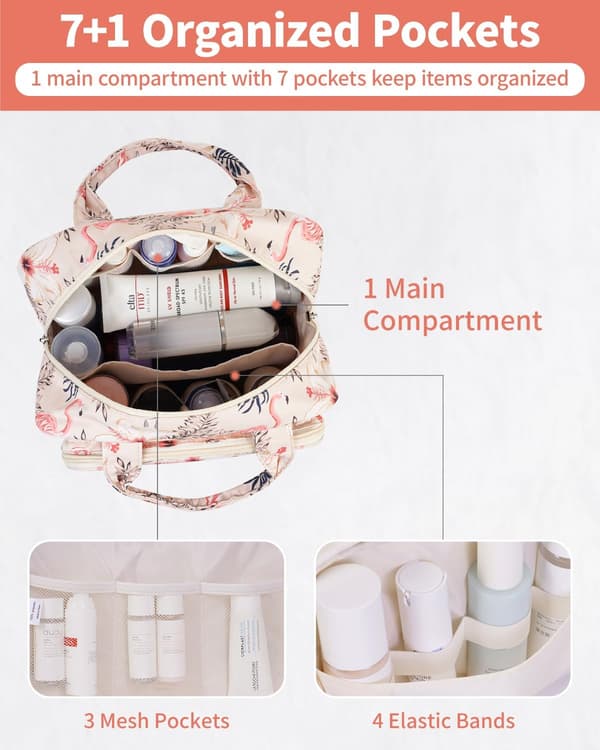 Toilettaske i fuld størrelse, stor makeup-rejsearrangør, beige flamingo til kvinder