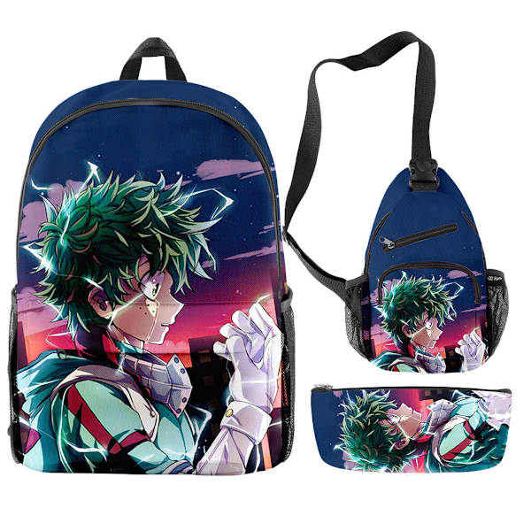 3st/ set My Hero Academia Midoriya Izuku printed set med axelväska Case Skolväska Travel Daypack Lättviktsbokväskor