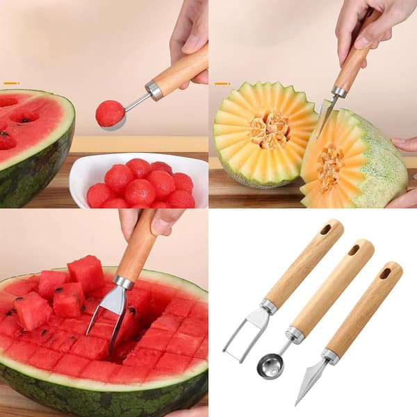 3-delt sett med vannmelonskjærer, fruktskjeer i rustfritt stål