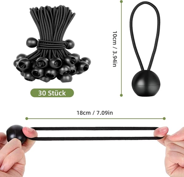 30 st 10 cm gummistroppar med kula, kraftiga elastiska öglor för presenningar och tält