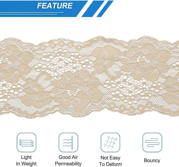 Beige blomstret elastisk blondebånd 5 yards 8,1 cm bredt for syprosjekter