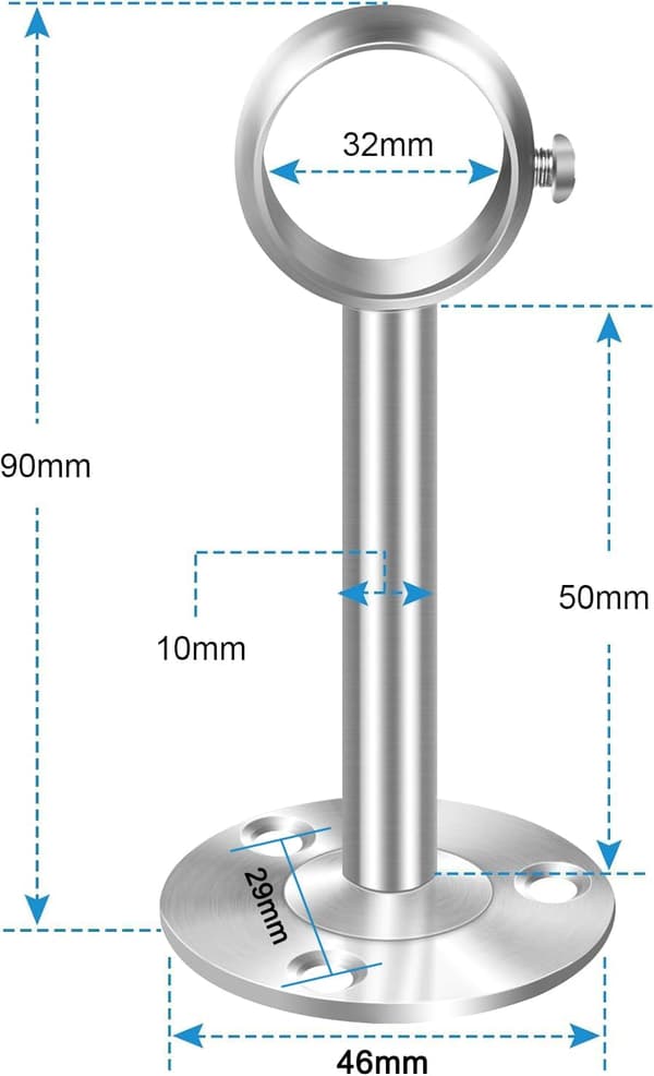 4-pack 32 mm takfästen för gardinstång i rostfritt stål, silverfärgade hållare