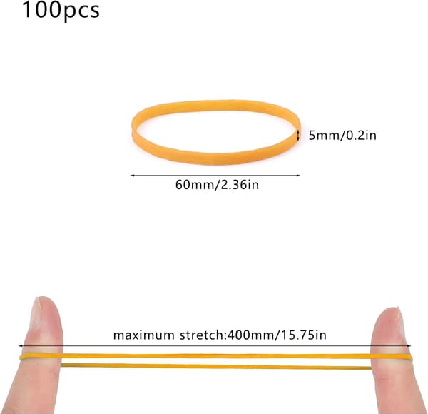 100-pack gula gummiband av naturgummi, 100 x 5 mm breda, kraftiga elastiska band