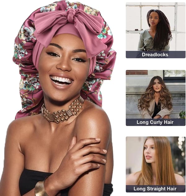 Lång flätmössa i satin för sömn, justerbart knytband med scrunchie