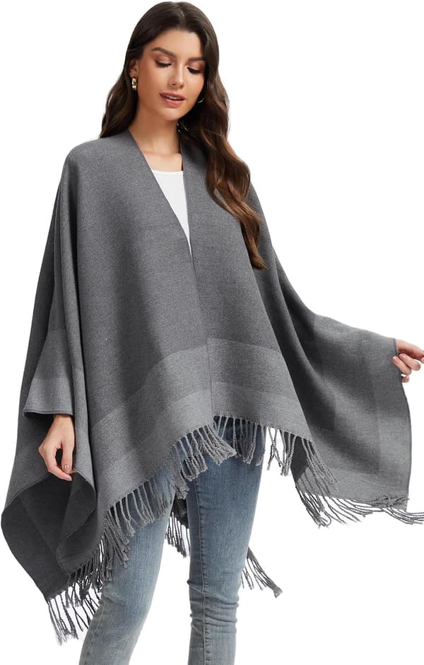 Oversize poncho-sjal för dam med öppen front och tofsar, varm vintercape