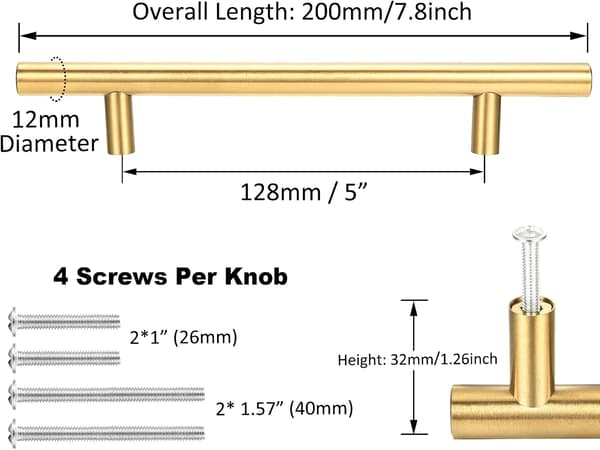 15-pak guld T-bar skabsgreb i rustfrit stål, 200 mm, 128 mm hulafstand
