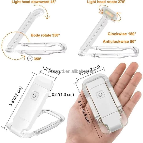 USB-oppladbart LED-boklys, sammenleggbar leselampe med klemme og 3 lysstyrker